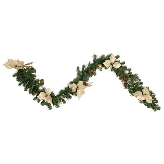 Pre-Decorated Gold Poinsettia Pine Cone & Ball Artificial Garland, Unlit